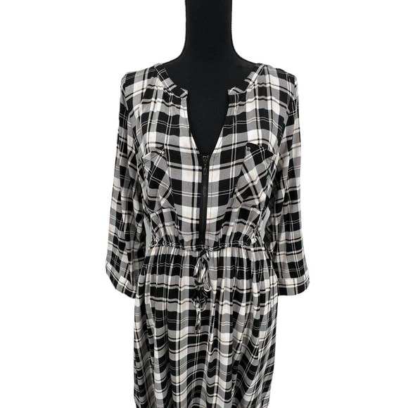 Torrid Dress Plaid Cream Black Peach Long Sleeve Henley Drawstring Waist Pockets - Picture 3 of 7